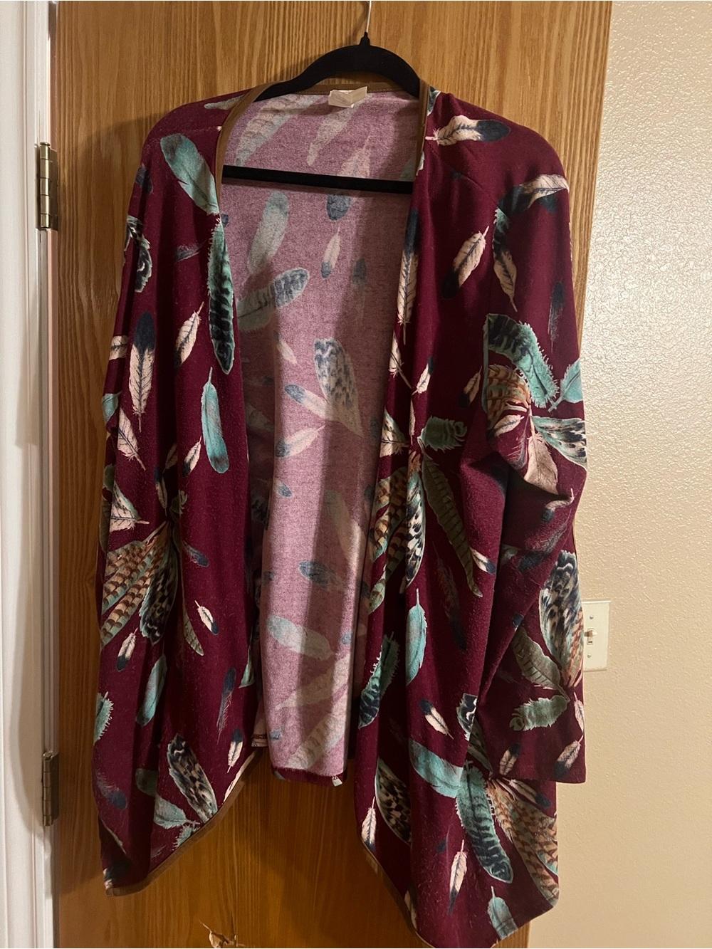 New York & Company Burgundy Feather-Print Open Cardigan